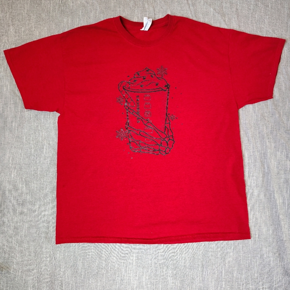 Starbucks Coffee T-Shirt Size XL‎ Red Black Skeleton Hand To Go Cup